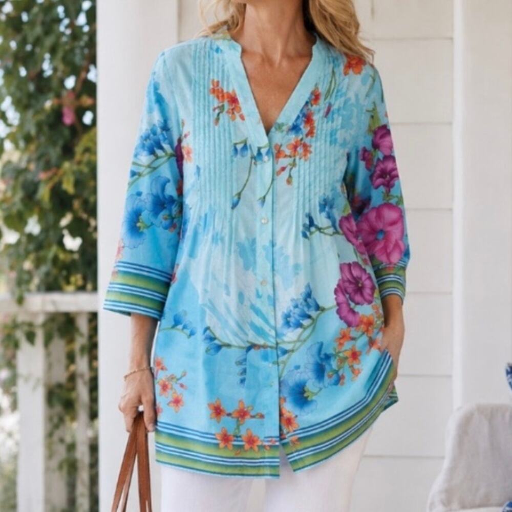 Soft Surroundings L’Atalante Floral Cotton Tunic Aqua Blue Pink Size M